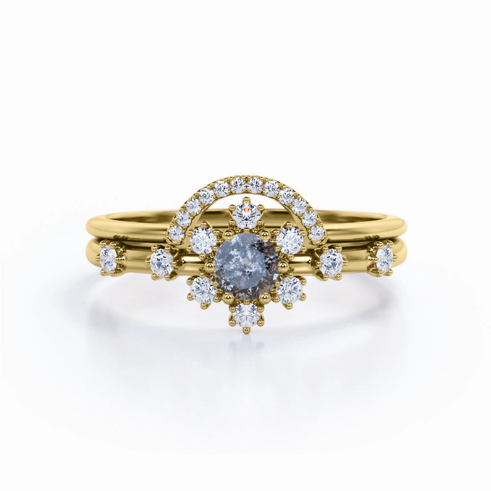 Custom Statement Snowflake 0.95 Ct Round Salt and Pepper Diamond Bridal Set