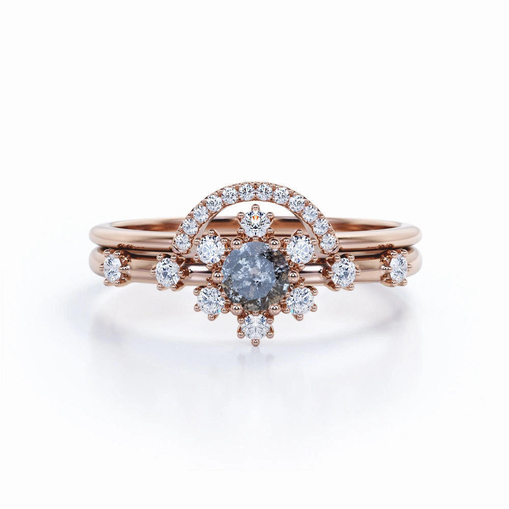 Luxury Memento Snowflake 0.95 Ct Round Salt and Pepper Diamond Bridal Set