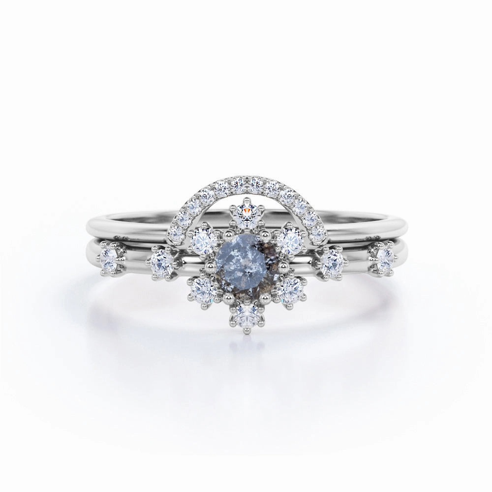 Classic Detail Trendy Article Snowflake 0.95 Ct Round Salt and Pepper Diamond Bridal Set