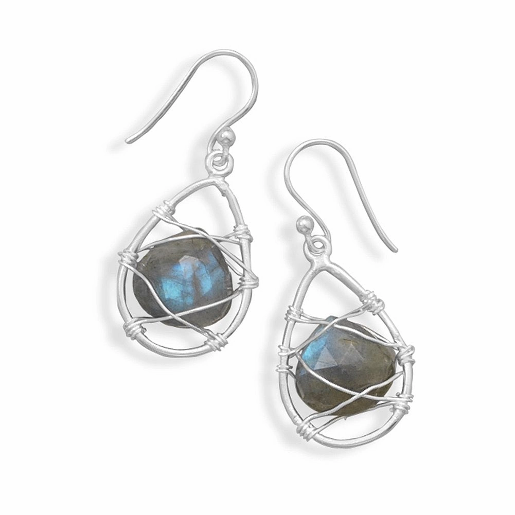 Premium Look Ornate Detail Sterling Silver Labradorite Dangle Earrings with Wire Wrap