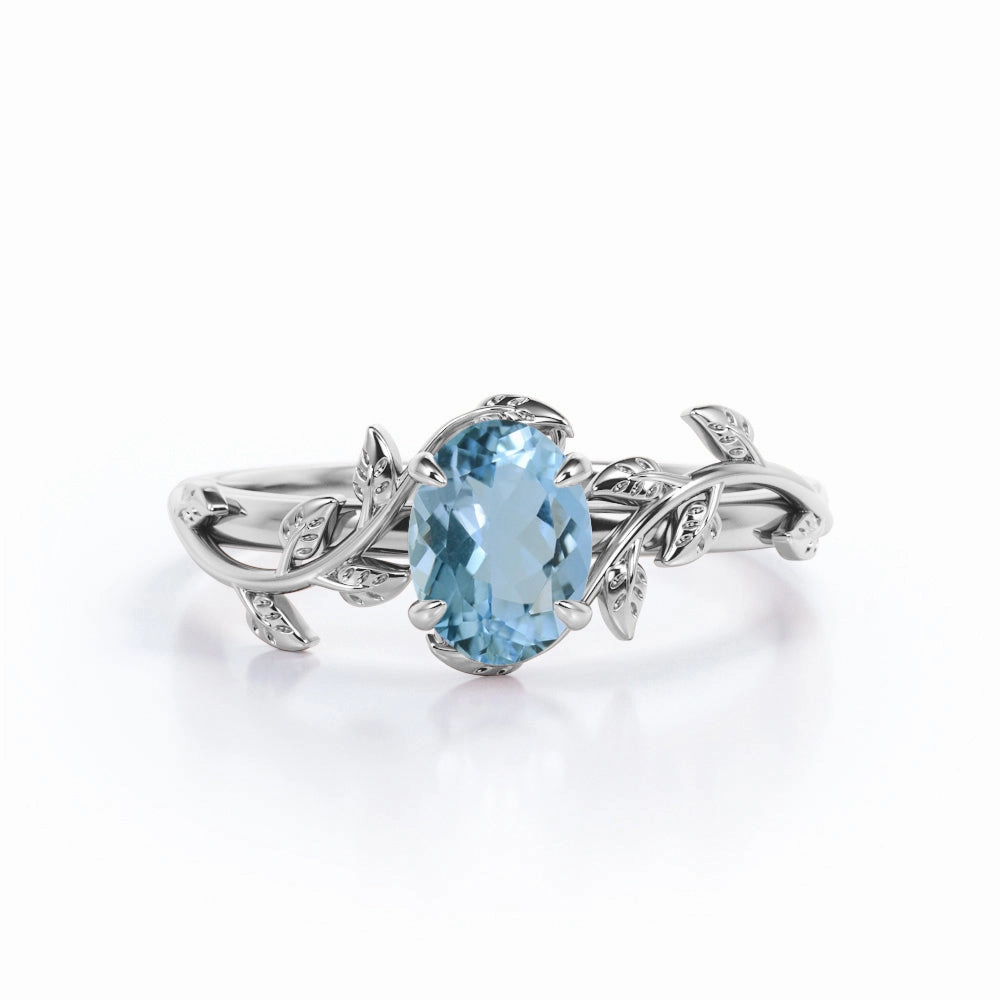 1 ct Oval Aquamarine Leaf and Vine Engagement Ring Actual Piece