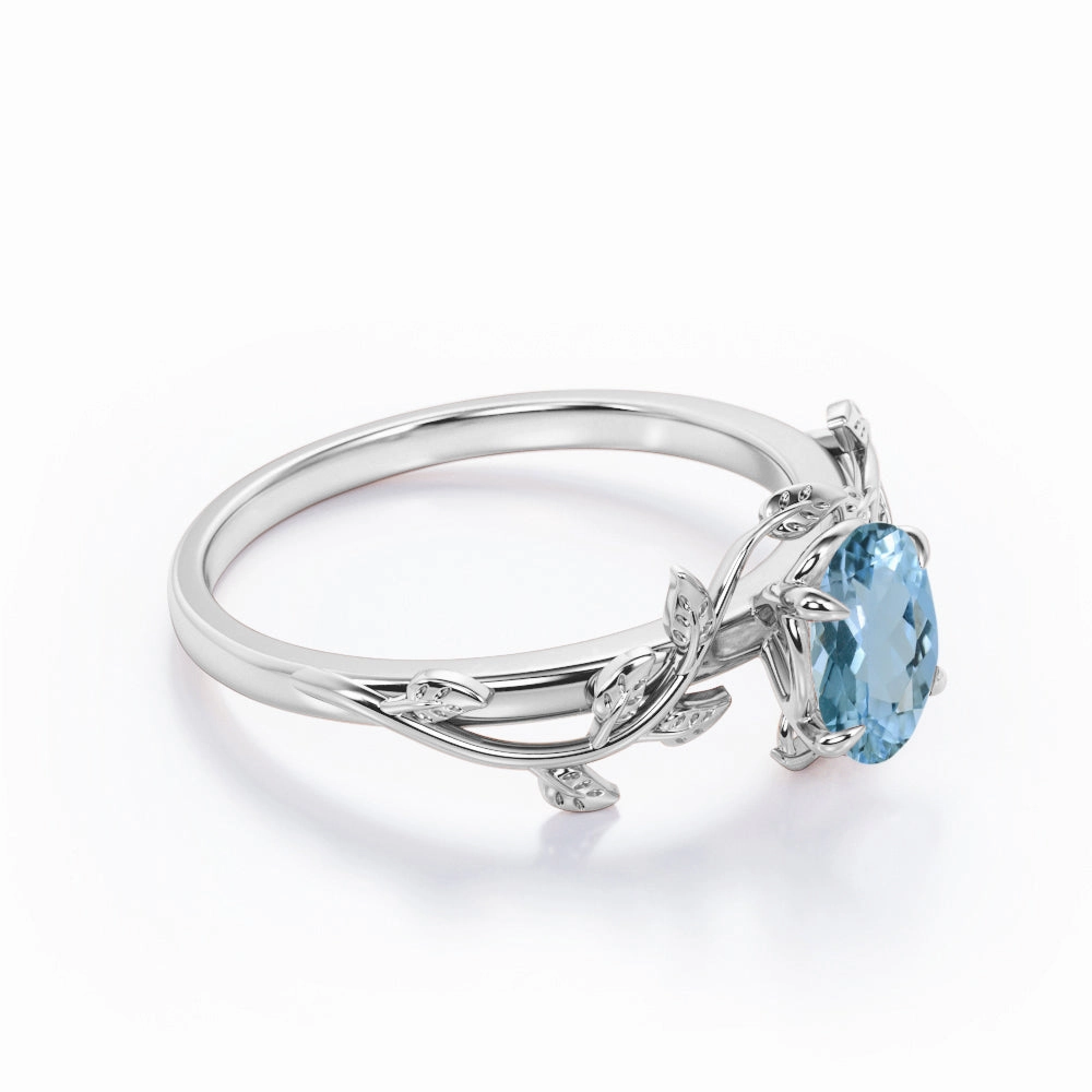 1 ct Oval Aquamarine Leaf and Vine Engagement Ring Stylish Form