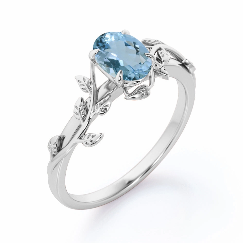 Nighttime Gift 1 ct Oval Aquamarine Leaf and Vine Engagement Ring