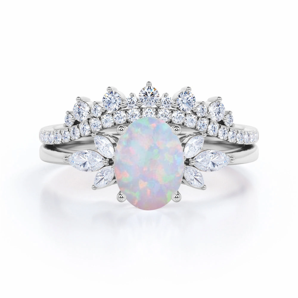 Elegant Geometry Creative Bauble Seven Stone 1.75 Ct Oval Cut Lab Created Opal Bridal Set