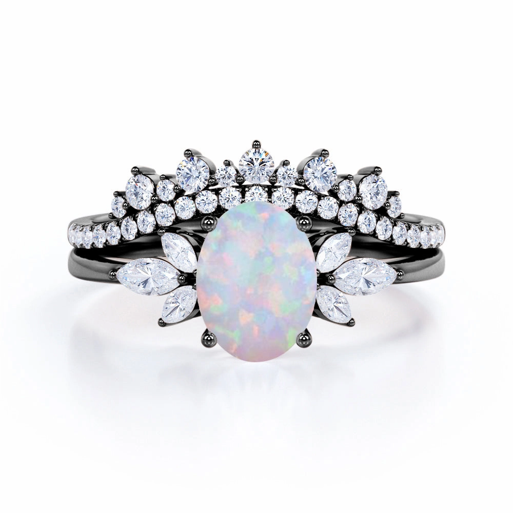 Seven Stone 1.75 Ct Oval Cut Lab Created Opal Bridal Set Daywear Style Pearlescent Finish