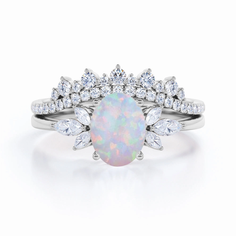 Seven Stone 1.75 Ct Oval Cut Lab Created Opal Bridal Set Meaningful Jewelry