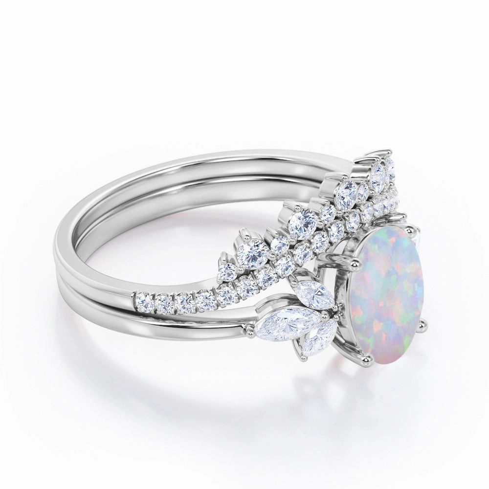 Seven Stone 1.75 Ct Oval Cut Lab Created Opal Bridal Set Delicate Keepsake Timeless Embellishment