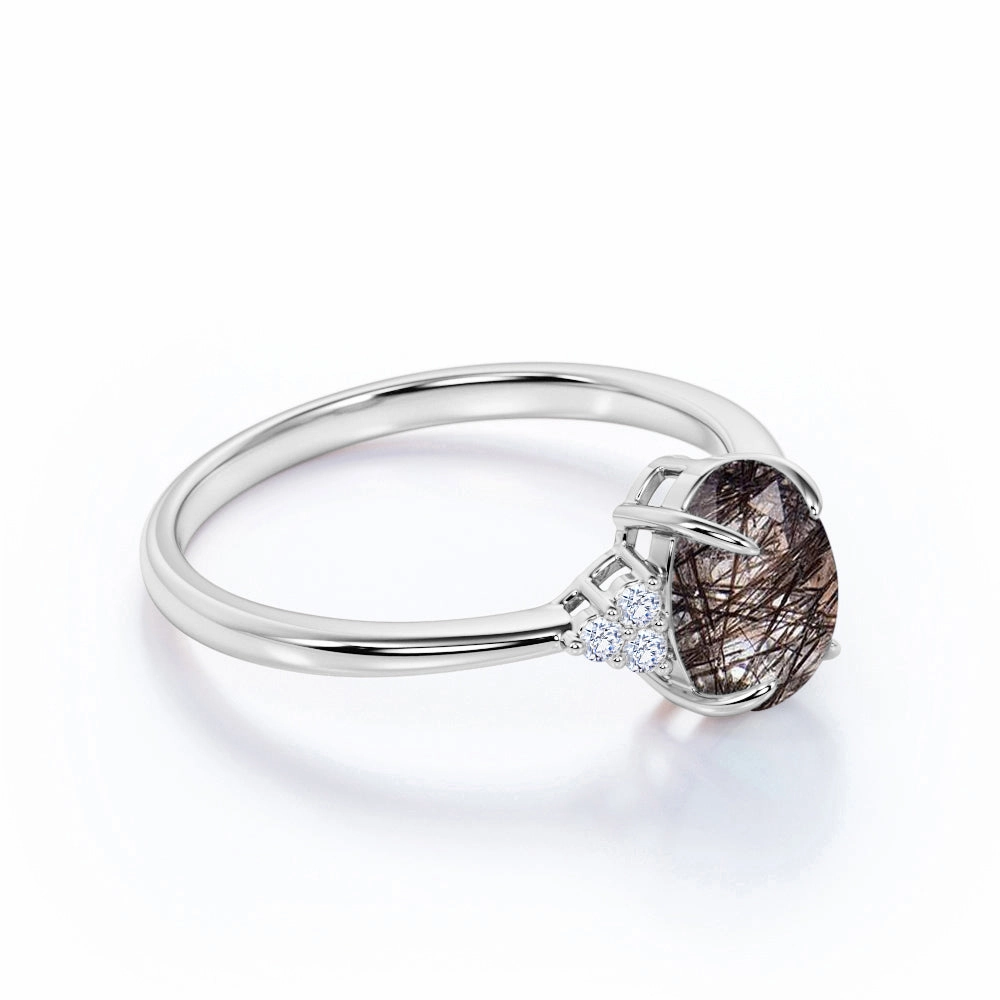 Chic Design Solitaire 1.25 ct Oval Black Rutilated Quartz 7 Stone Engagement Ring