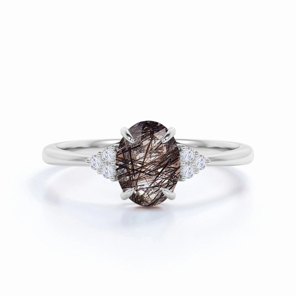Solitaire 1.25 ct Oval Black Rutilated Quartz 7 Stone Engagement Ring Inspired Style
