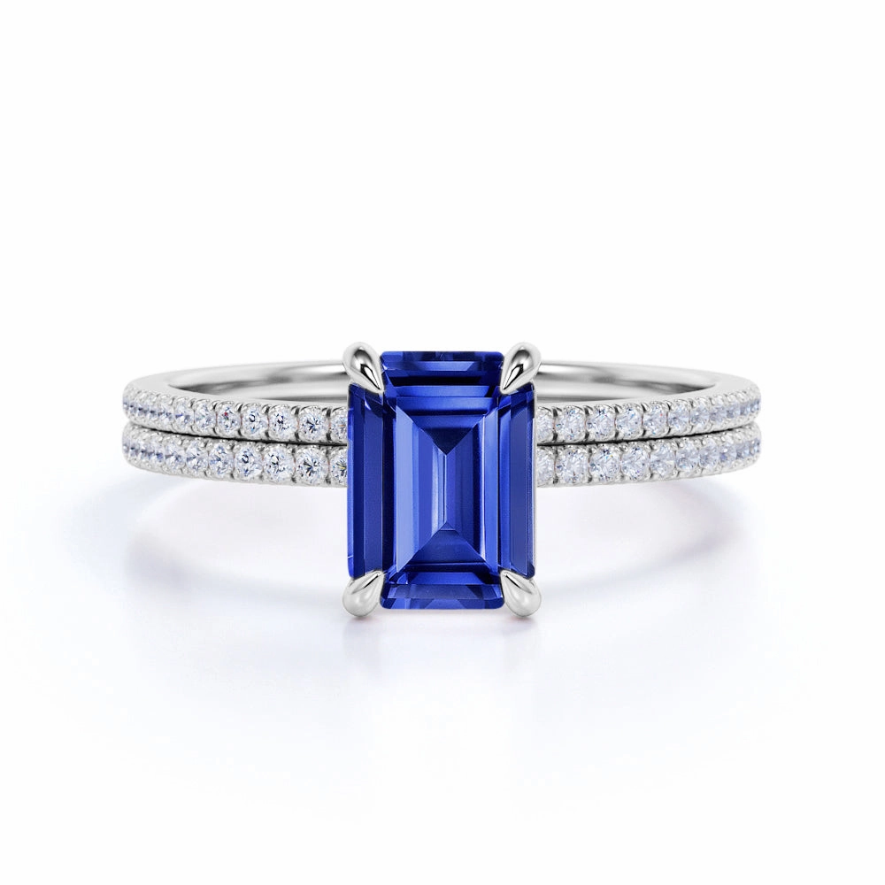 Sturdy Adornment Branded Embellishment Solitaire 1.30 Ct Emerald Cut Lab Sapphire Bridal Set