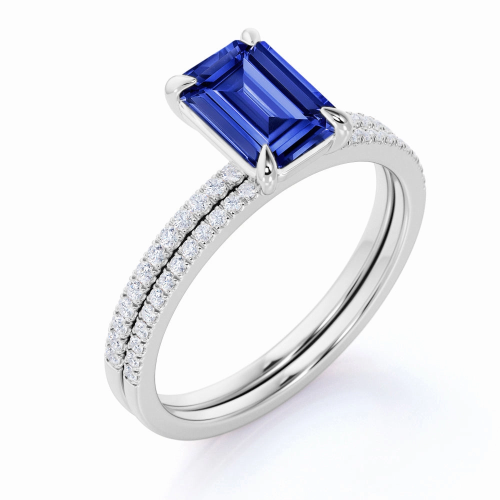 Solitaire 1.30 Ct Emerald Cut Lab Sapphire Bridal Set Casual Simplicity