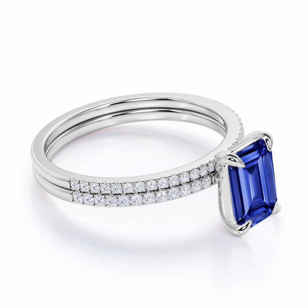 Exclusive Work Solitaire 1.30 Ct Emerald Cut Lab Sapphire Bridal Set