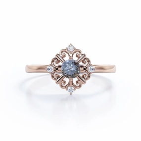 Fantastic Statement Solitaire Floral Outline 0.60 Carat Round Cut Icy Black Grey Salt and Pepper Diamond Plain Shank Engagement Ring