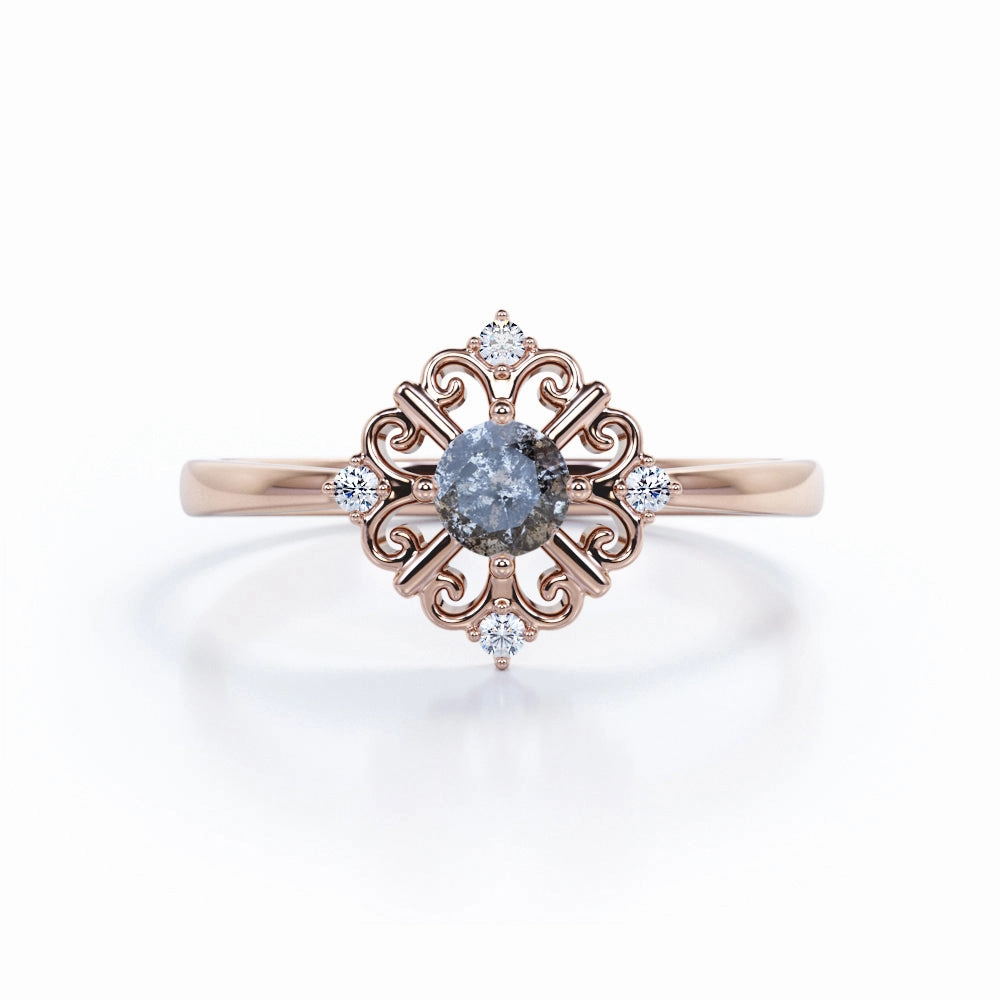 Fantastic Statement Solitaire Floral Outline 0.60 Carat Round Cut Icy Black Grey Salt and Pepper Diamond Plain Shank Engagement Ring