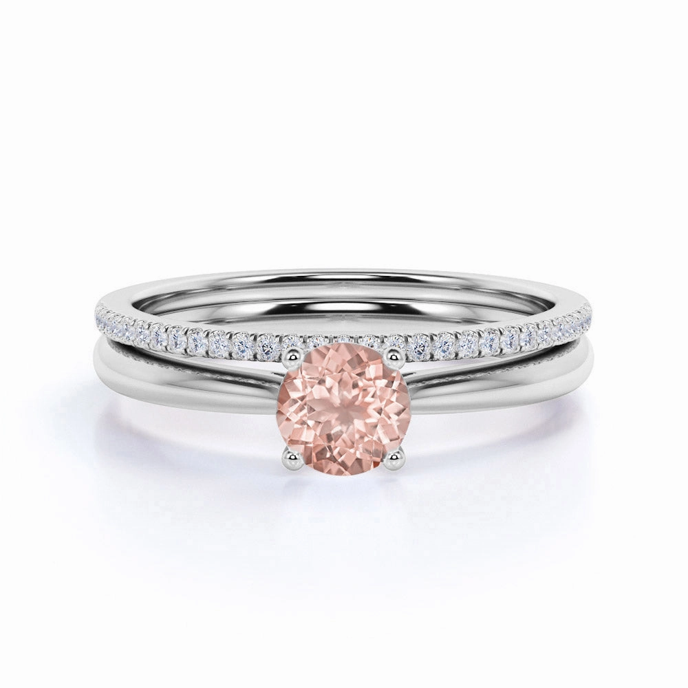 Custom Piece Trendy Piece Solitare 1.25 ct Round Morganite Pave Bridal Ring Set