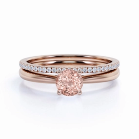 Solitare 1.25 ct Round Morganite Pave Bridal Ring Set Custom Emblem Fragile Item