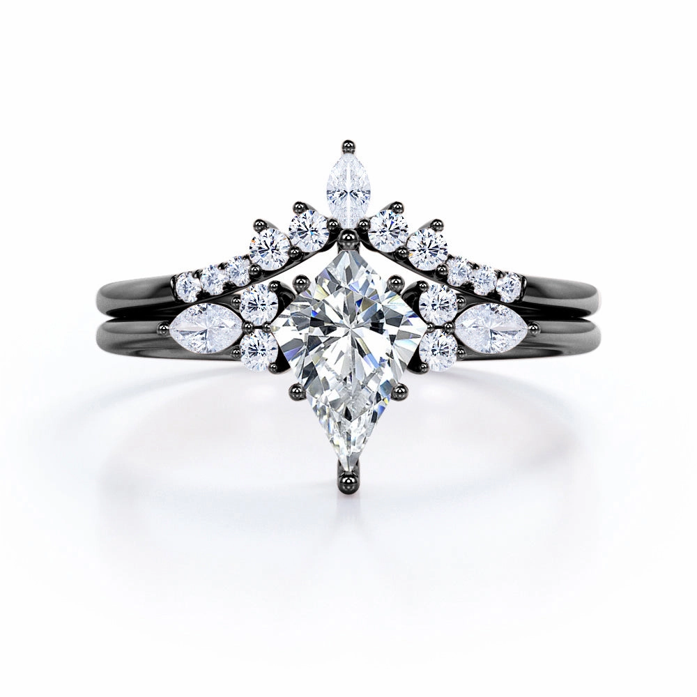 Romantic Work Sophisticated 0.7 carat Kite Moissanite and Diamond Bridal Ring Set in White Gold