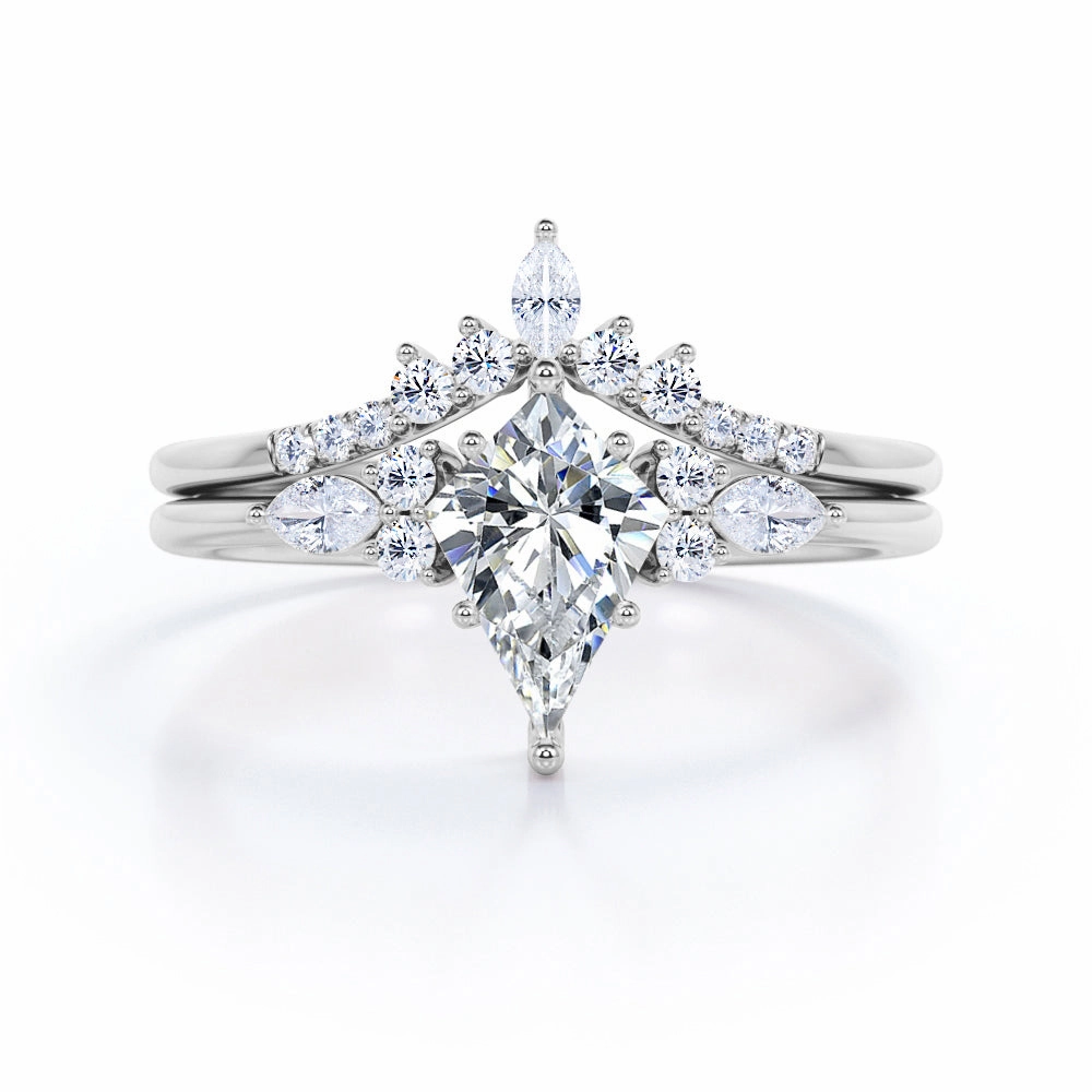 Beautiful Keepsake Ancient Style Sophisticated 0.7 carat Kite Moissanite and Diamond Bridal Ring Set in White Gold