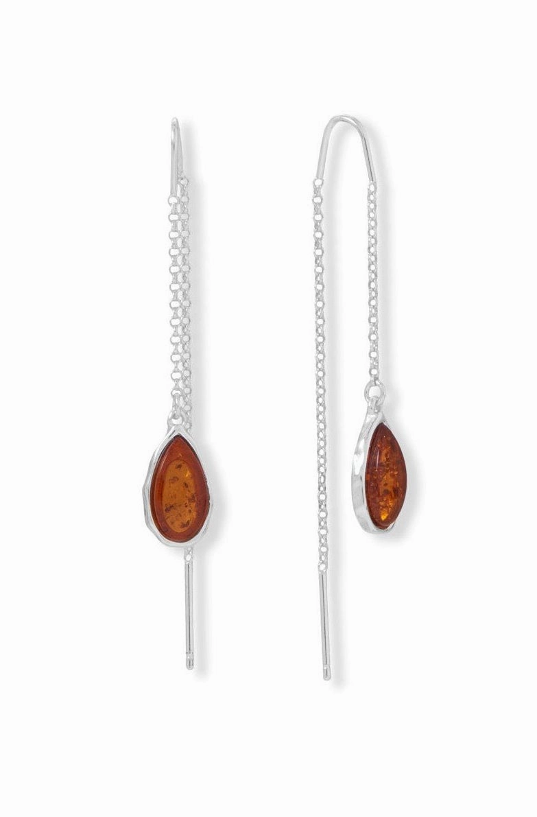 Matte Jewelry Baltic Amber Pear Shape Threader Earrings Sterling silver