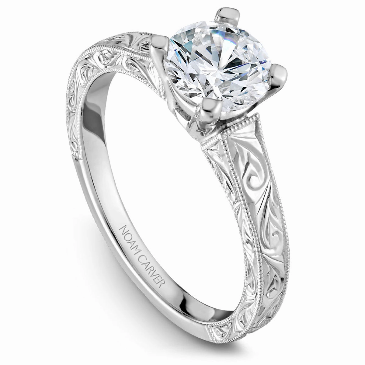 Noam Carver Vintage Solitaire Engagement Ring in White Gold Vogue Style Delicate Piece
