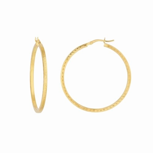 Simple Option 14k Yellow Gold Hoop Earrings with Square Edge Diamond-cut