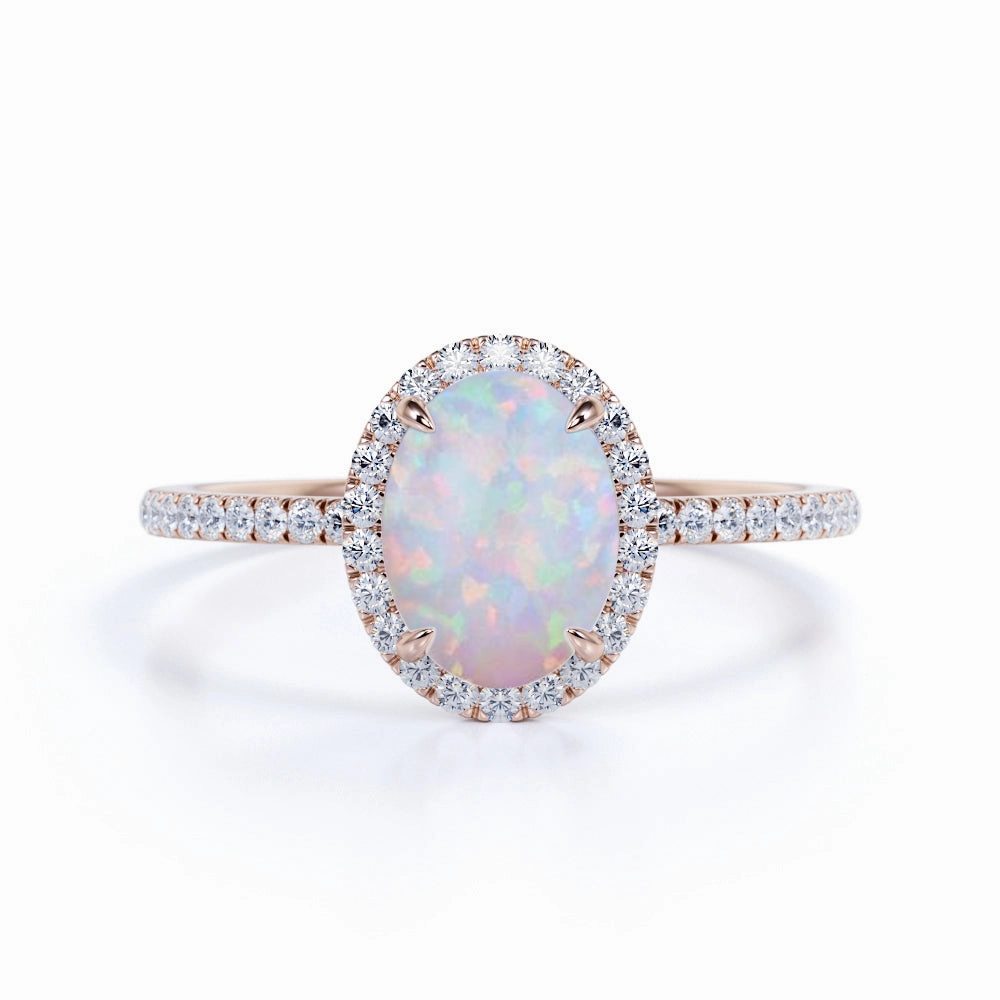 Brilliant Piece Universal Appeal Halo 1.50 Ct Oval Cut Lab Created Opal Engagement Ring