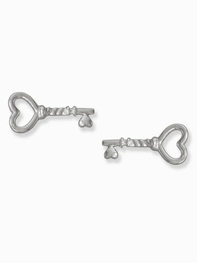 Heart Skeleton Key Earrings Rhodium on Sterling Silver Pretty Accent Linear Embellishment