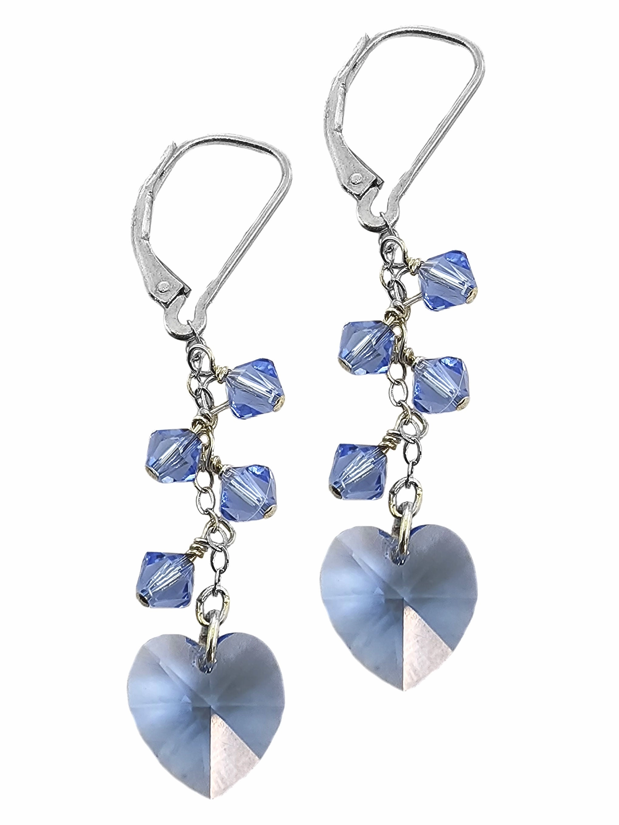 Polished Ornament Sophisticated Adornment Sparkling Crystal Heart Cluster Dangle Earrings Sterling Silver - Light Blue