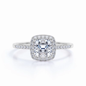 1.50 Carat Cushion Cut Moissanite and Diamonds Halo Engagement Ring in White Gold Understated Style