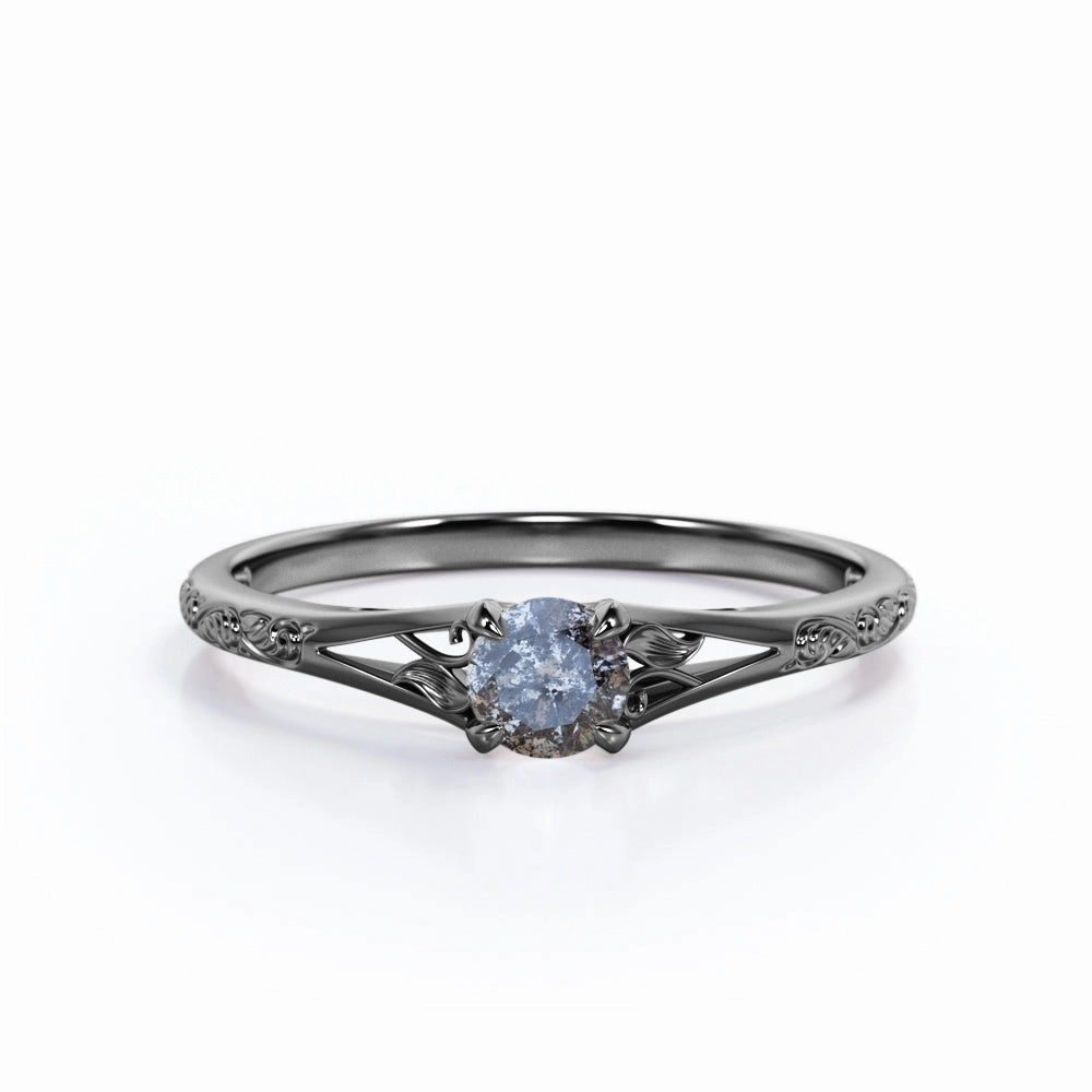 Solitaire 0.50 Ct Round Salt and Pepper Diamond Engagement Ring Baroque Influence