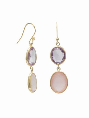 Rose Quartz and Purple Amethyst Dangle Drop Earrings Gold-plated Sterling Silver Shiny Detail