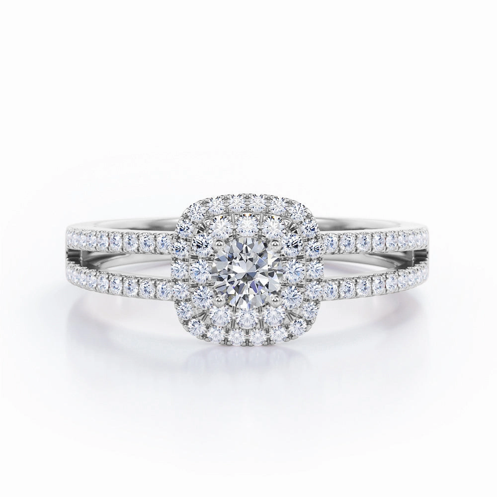 Digital Component Bold Look Split Shank 0.60 Carat Round Cut Diamond Double Halo  Engagement Ring In White Gold