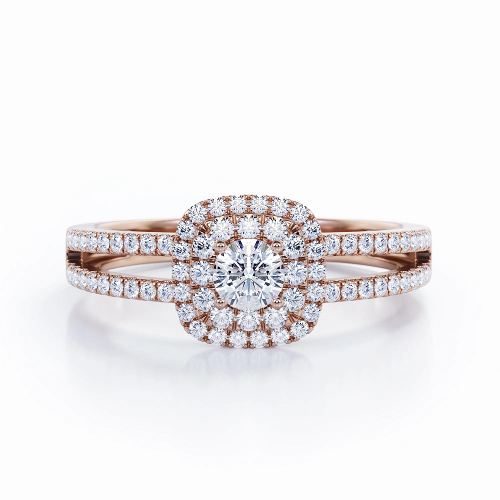 Split Shank 0.60 Carat Round Cut Diamond Double Halo  Engagement Ring In White Gold Durable Adornment Polished Appearance