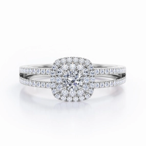 Digital Component Bold Look Split Shank 0.60 Carat Round Cut Diamond Double Halo  Engagement Ring In White Gold