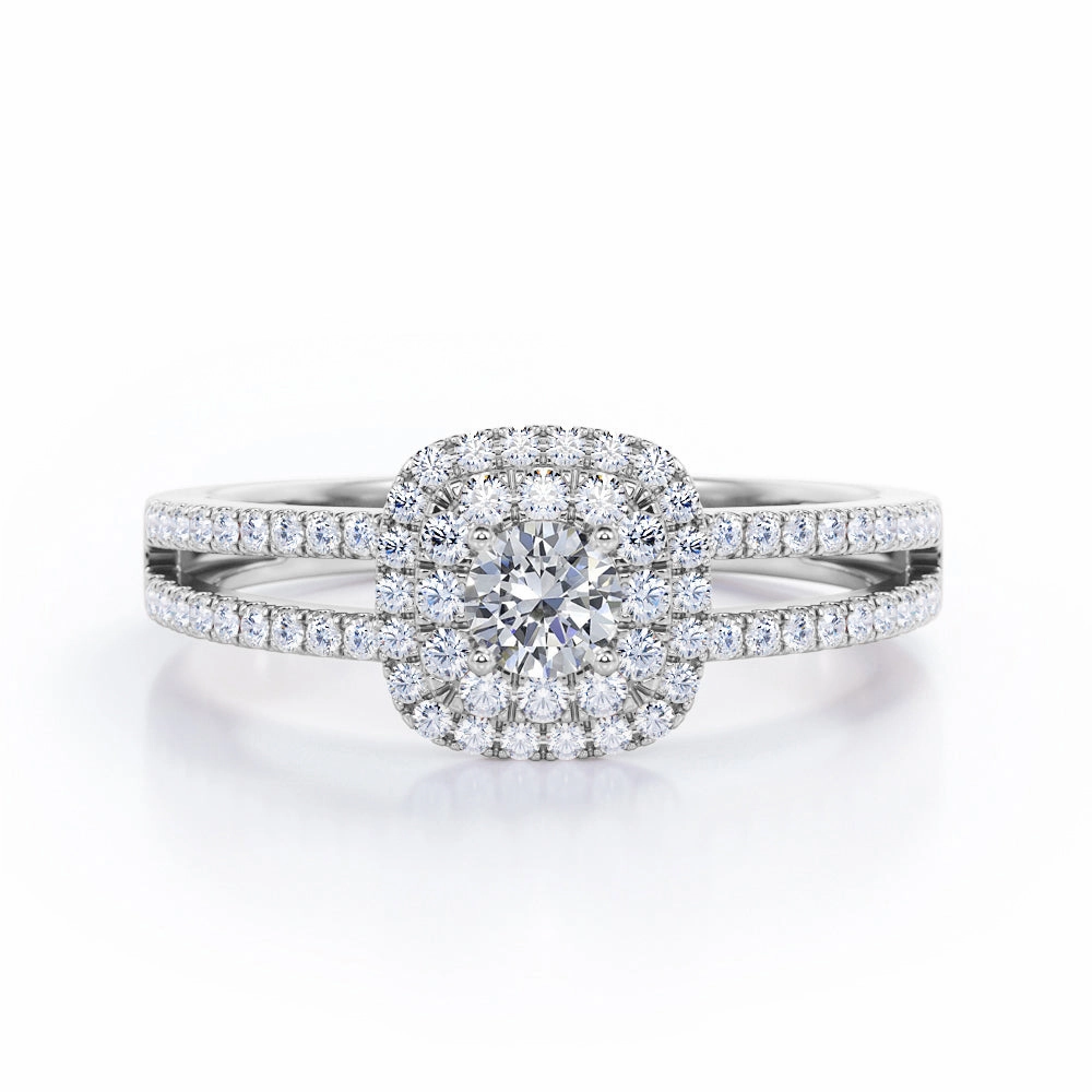 Casual Balance Secure Work Split Shank 0.60 Carat Round Cut Diamond Double Halo  Engagement Ring In White Gold