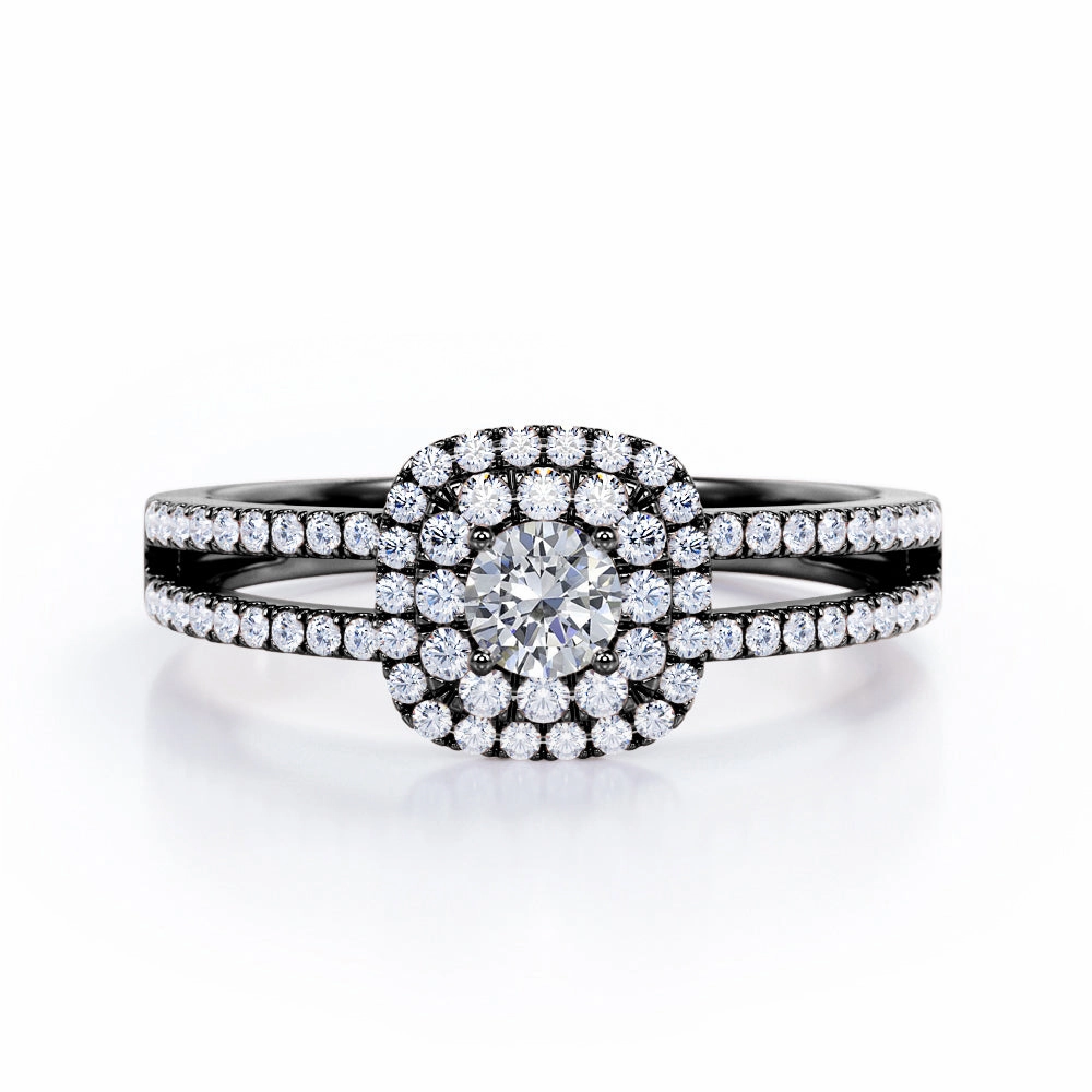 Split Shank 0.60 Carat Round Cut Diamond Double Halo  Engagement Ring In White Gold Work Outfit Glam Appeal