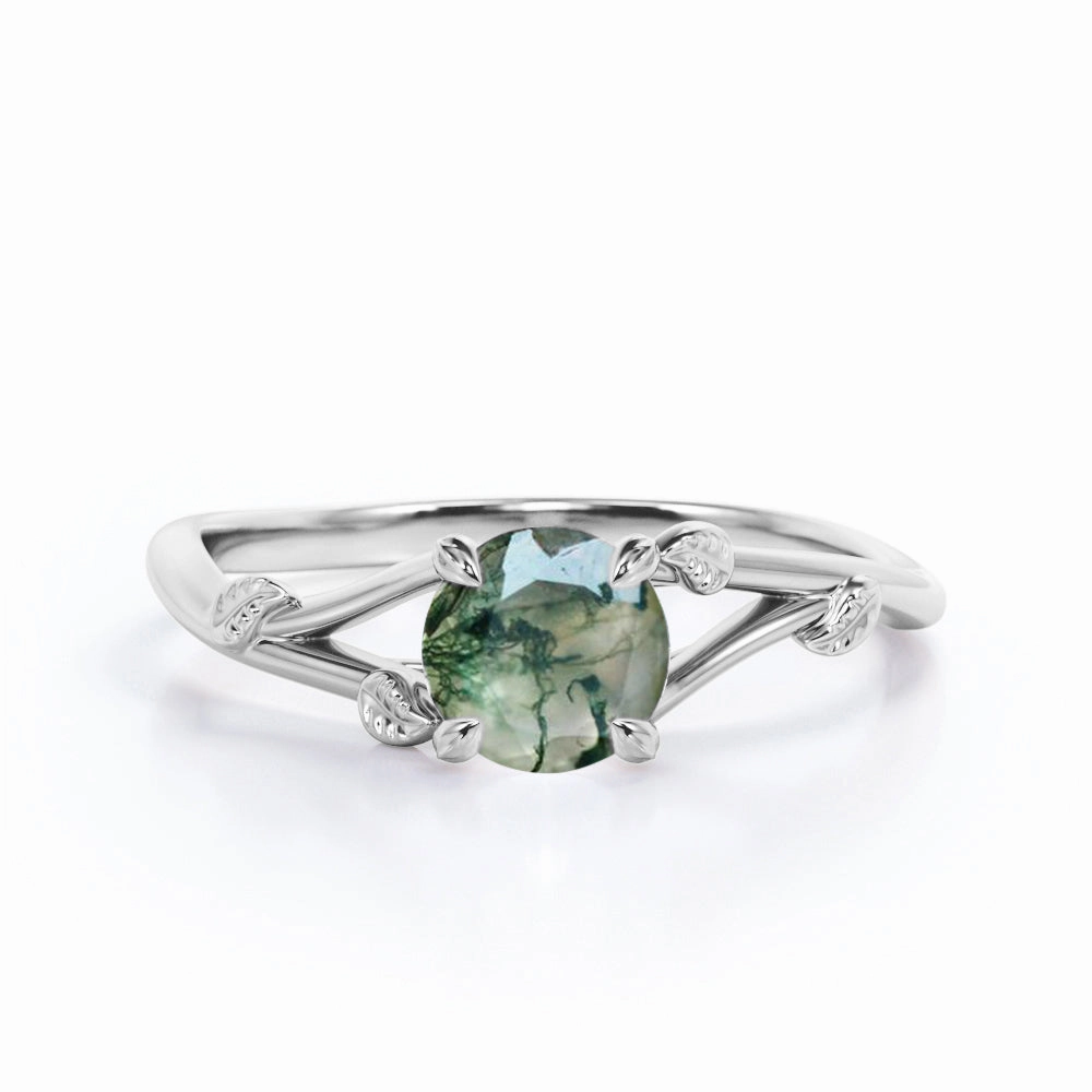 Bold Accent Luxe Finish Split Shank 0.75 Carat Round Cut Moss Agate Promise Ring