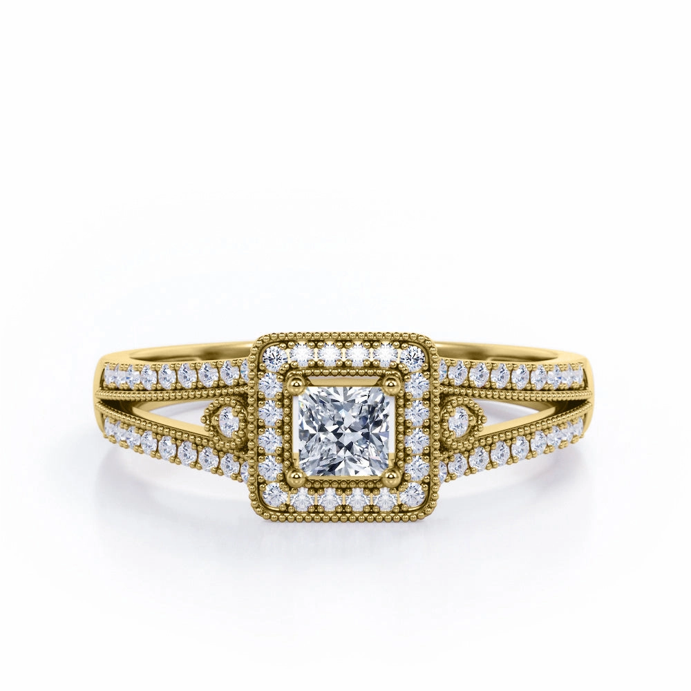 Romantic Statement Split-Shanked Pave 0.5 TCW Princess Cut Diamond Milgrain-Bordered Halo Engagement Ring in 10K White Gold