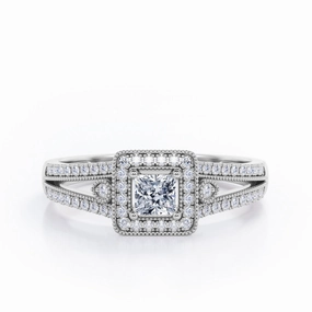 Chic Adornment Split-Shanked Pave 0.5 TCW Princess Cut Diamond Milgrain-Bordered Halo Engagement Ring in 10K White Gold