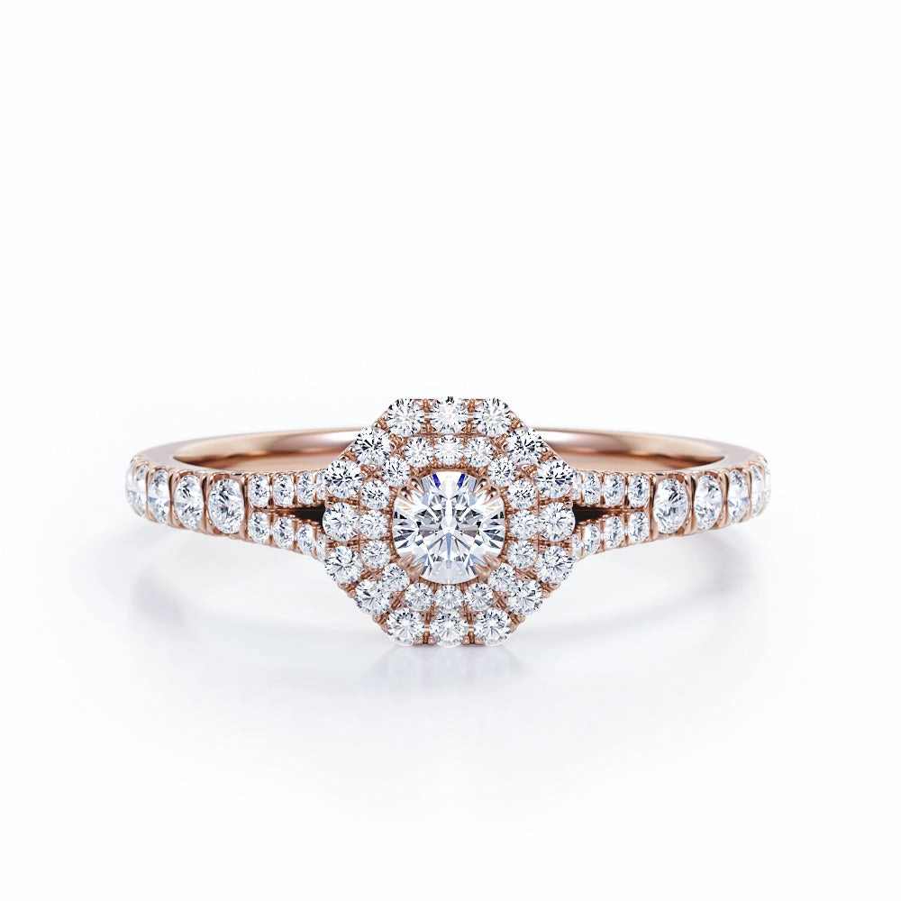 Value Ornament Iconic Accent Split-Shanked Pave - 0.5 TCW Round Cut Diamond - Octagon Double Halo Engagement Ring - 10K Rose Gold