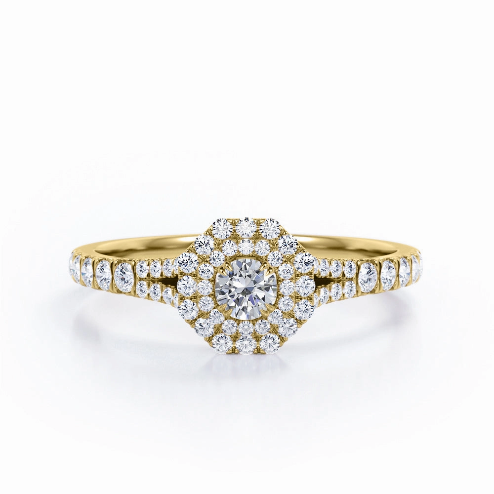 Natural Source Split-Shanked Pave - 0.5 TCW Round Cut Diamond - Octagon Double Halo Engagement Ring - 10K Rose Gold