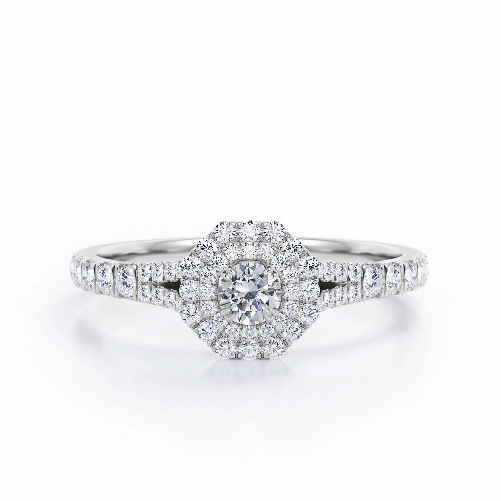 Ornate Detail Easy Design Split-Shanked Pave - 0.5 TCW Round Cut Diamond - Octagon Double Halo Engagement Ring - 10K Rose Gold