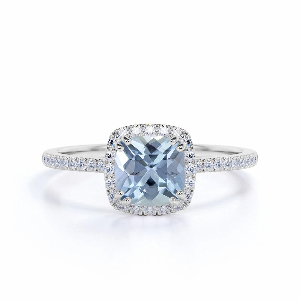 Romantic Adornment Luxurious Feel 1.25 ct Cushion Aquamarine Halo Pave Engagement Ring