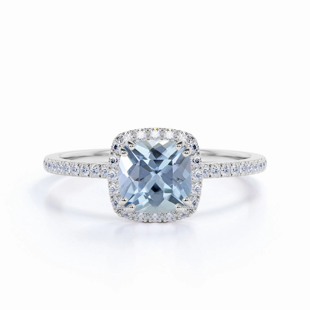 1.25 ct Cushion Aquamarine Halo Pave Engagement Ring Modern Finish Valentine Present