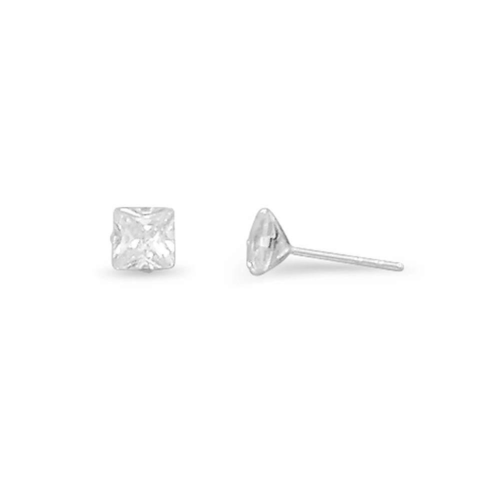 Modernist Embellishment Square Cut 5mm Cubic Zirconia Stud Sterling Silver Earrings