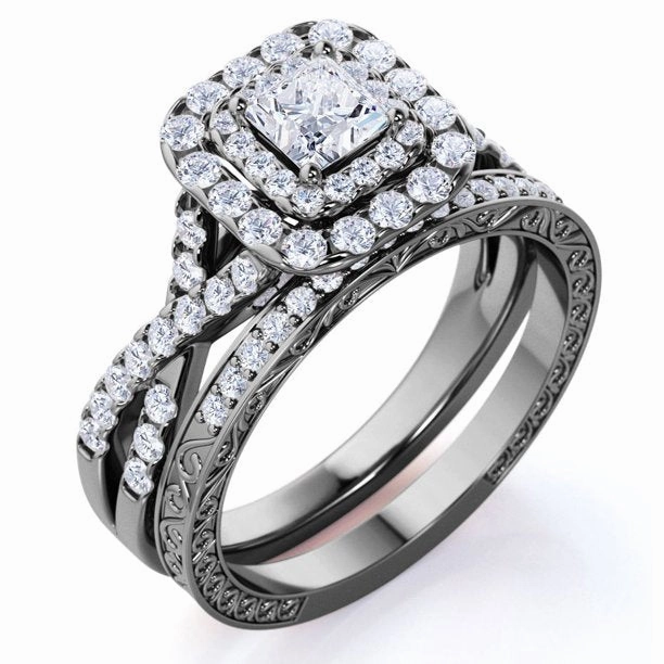 Square Diamond - Double Halo - Twisted Band - Vintage Inspired - Pave - Wedding Ring Set in 10K Rose Gold Exclusive Accessory