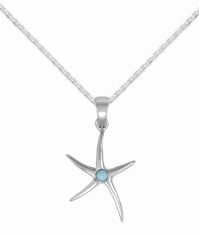 Vintage Edge Starfish Necklace with Larimar Center, Rhodium on Sterling Silver, 18-inch