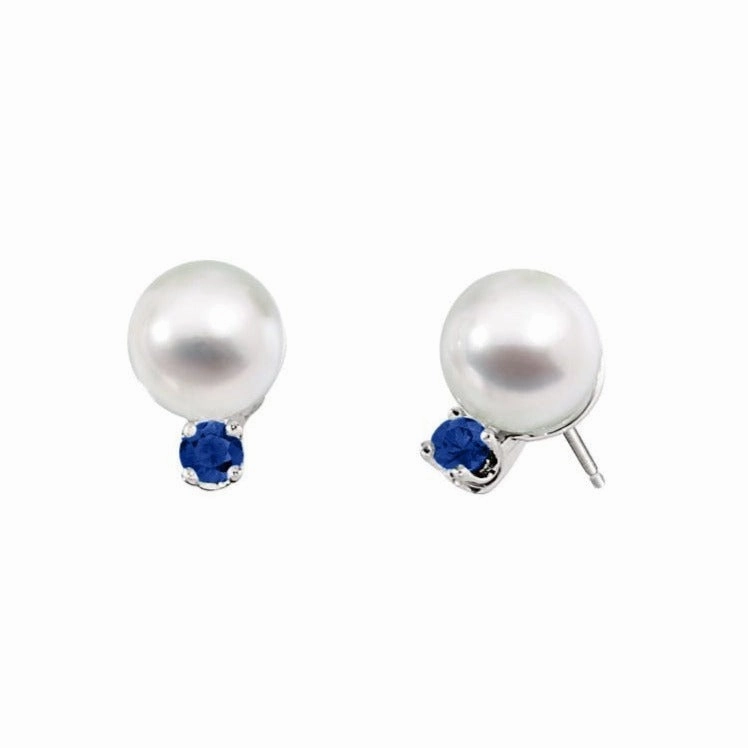 Art Deco Feel Masculine Bold Classic Akoya Cultured Pearl Earrings with Sapphire Accent