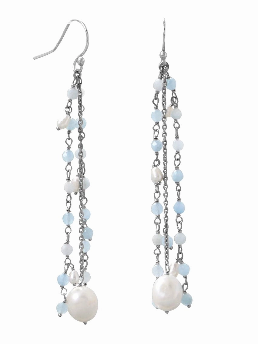 Aquamarine and Cultured Freshwater Pearl Drop Earrings with Triple Chain Sparkling Adornment