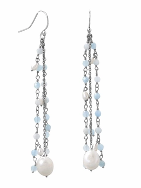 Aquamarine and Cultured Freshwater Pearl Drop Earrings with Triple Chain Sparkling Adornment